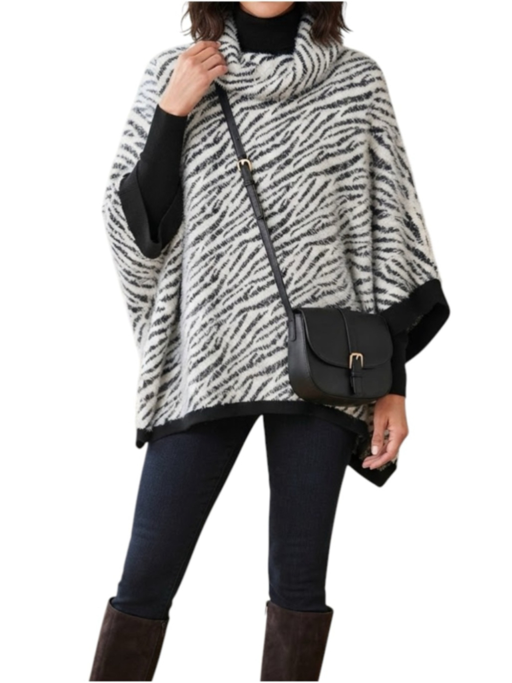 Joseph Ribkoff Cozy Zebra-Print Cowl Neck Sweater Poncho Black White Size 8